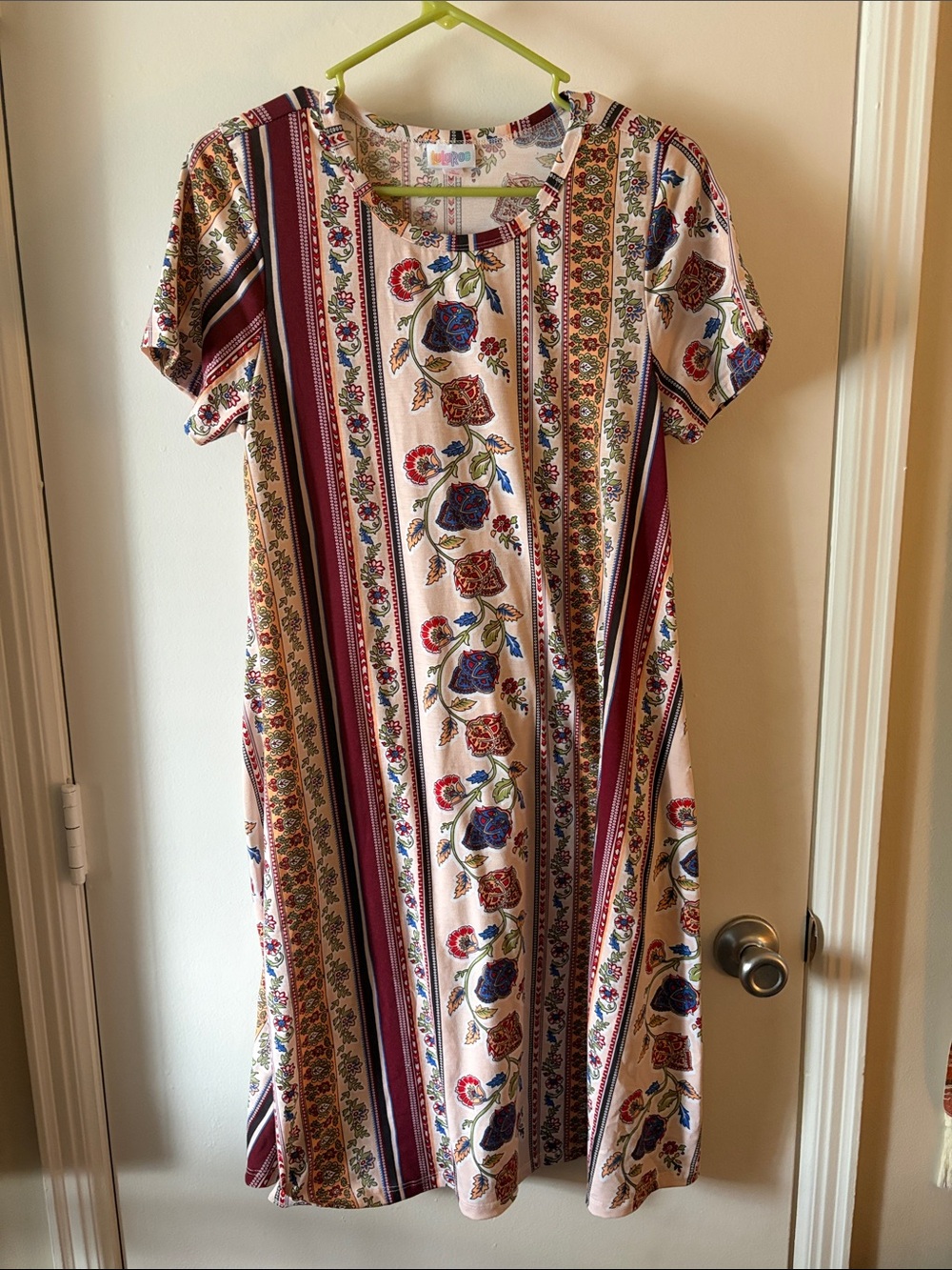 LuLaRoe Midi Dress in Cream, Burgundy, Blue Floral Stripe